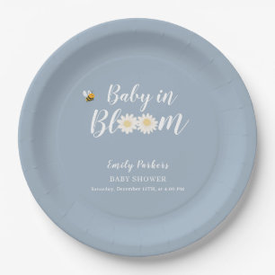 Blue Simple Boho Daisy Floral Baby In Bloom Shower Paper Plate