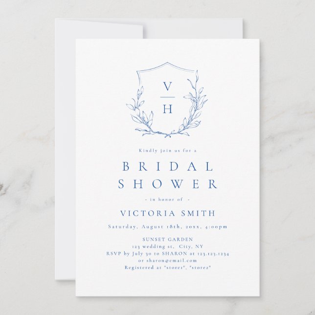 Blue simple botanical crest monogram bridal shower invitation (Front)
