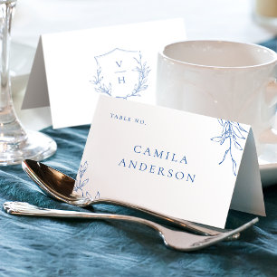 Blue simple botanical crest monogram place card
