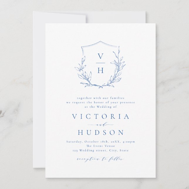 Blue simple botanical crest monogram wedding invitation (Front)