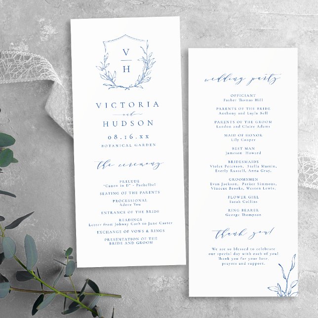  Blue simple botanical crest monogram wedding Program (Blue simple botanical crest monogram wedding Program)