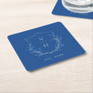 Blue simple botanical crest monogram wedding square paper coaster