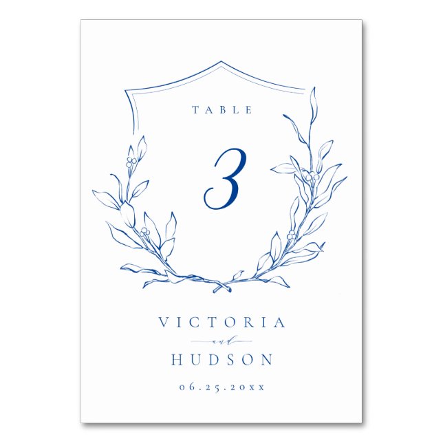 Blue simple botanical crest monogram wedding Table Number (Back)