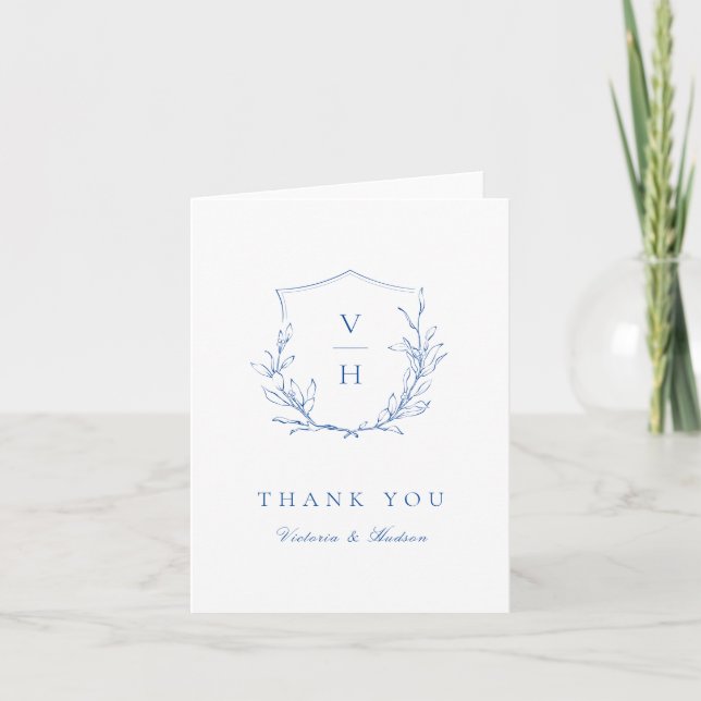 Blue simple botanical crest monogram wedding thank you card (Front)