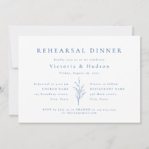 Blue simple botanical leaves rehearsal dinner invitation
