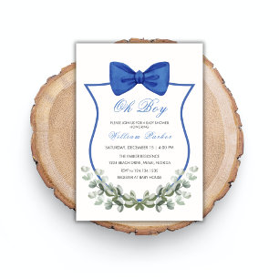 Blue Simple Bow Eucalyptus Crest Boy Baby Shower Invitation