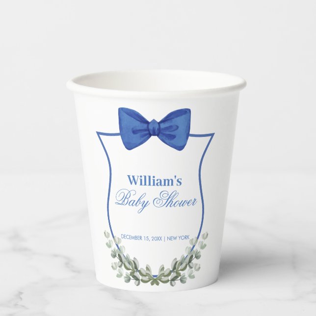 Blue Simple Bow Eucalyptus Crest Boy Baby Shower Paper Cups (Front)