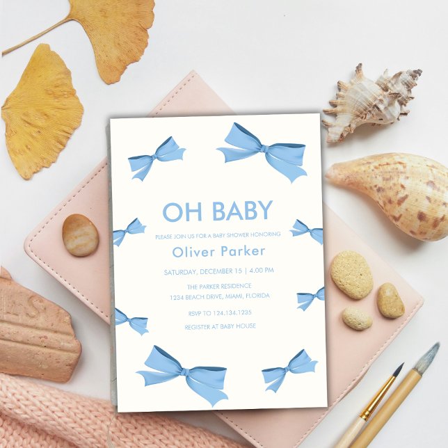 Blue Simple Bow Frame Boy Baby Shower Invitation (Blue Simple Bow Frame Boy Baby Shower Invitation)
