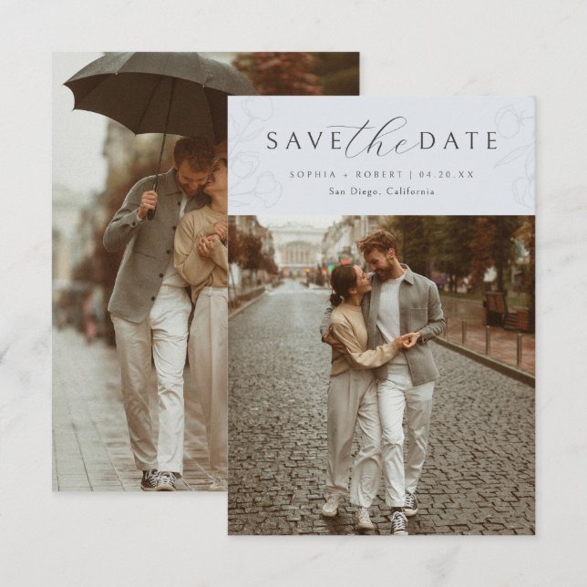 Blue | Simple Calligraphy Floral Wedding Photo Save The Date (Front/Back)