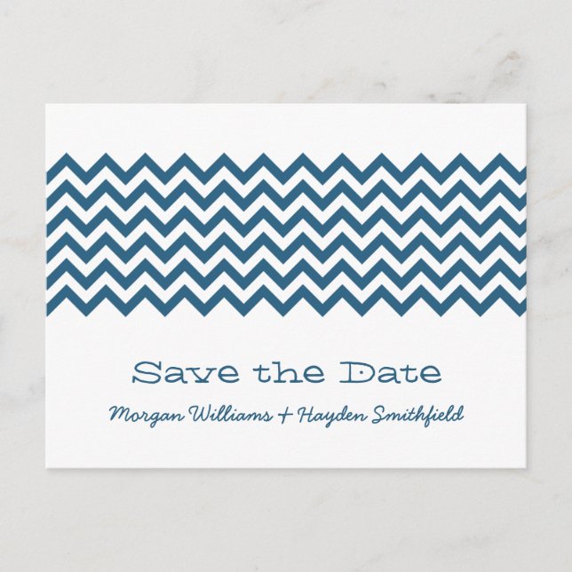 Blue Simple Chevron Save the Date Postcard (Front)