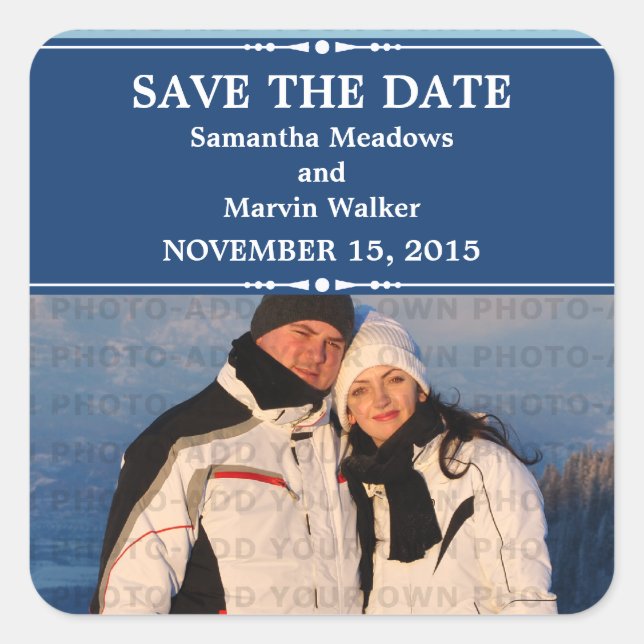 Blue Simple Chic Photo Save the Date Stickers (Front)