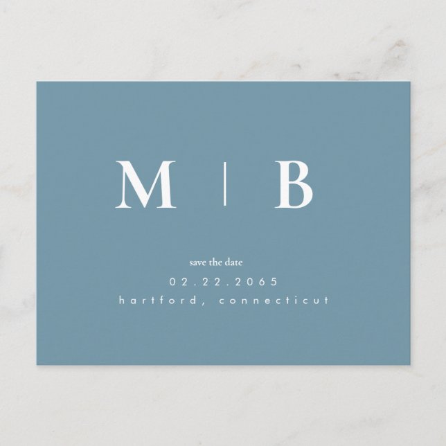 Blue Simple Contemporary Monogram Save the Date  Postcard (Front)
