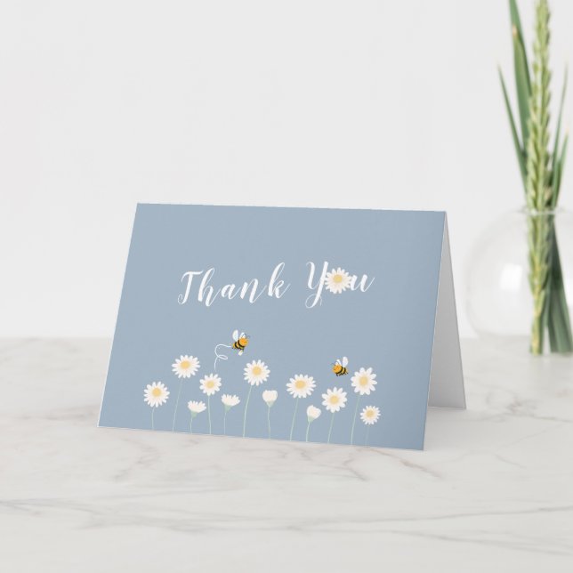 Blue Simple Daisy Floral Baby Shower Thank You Card (Front)
