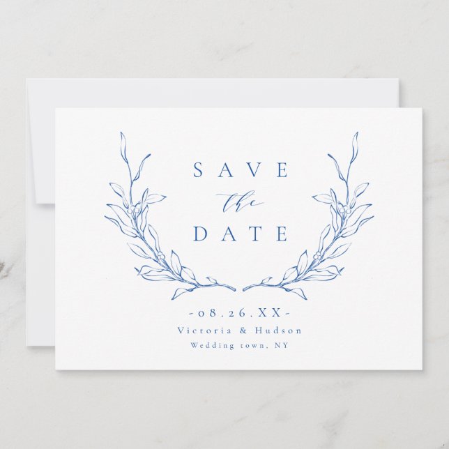 Blue simple elegance botanical crest monogram save the date (Front)