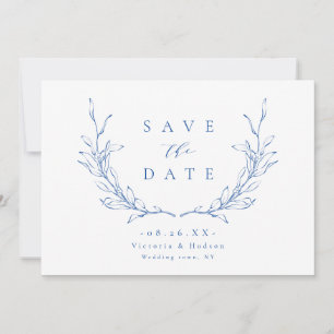 Blue simple elegance botanical crest monogram save the date