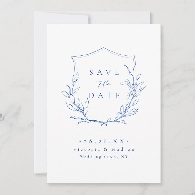 Blue simple elegance botanical crest save the date (Front)