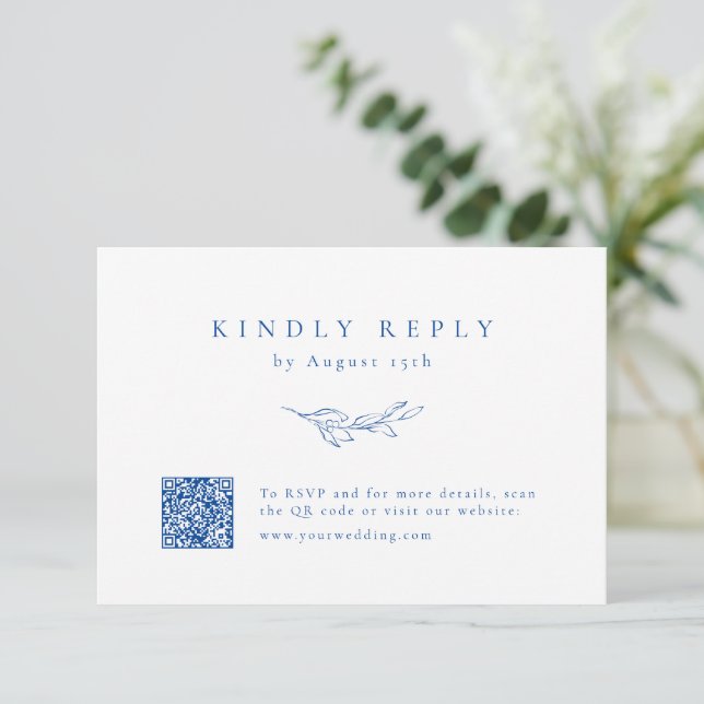 Blue simple elegance botanical QR code wedding RSVP Card (Standing Front)