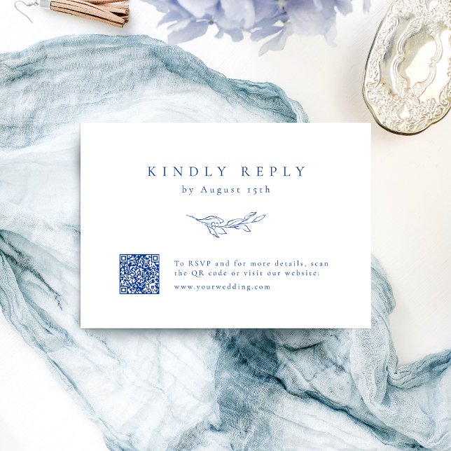 Blue simple elegance botanical QR code wedding RSVP Card (Blue simple elegance botanical QR code wedding RSVP Card)