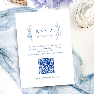 Blue simple elegance botanical QR code wedding RSVP Card