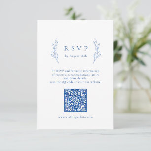 Blue simple elegance botanical QR code wedding RSVP Card