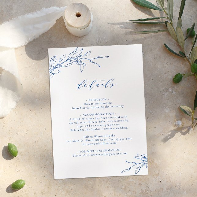 Blue simple elegance botanical wedding details enclosure card (Blue simple elegance botanical wedding details enclosure card)