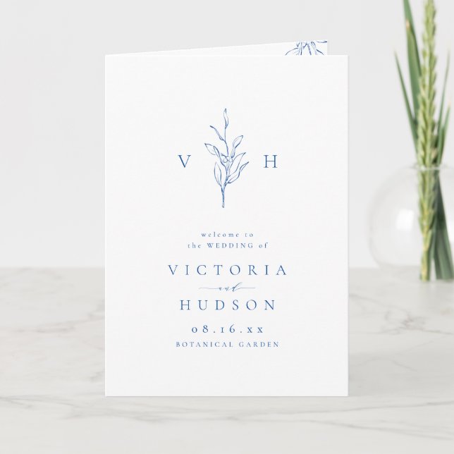 Blue simple elegant botanical monogram wedding program (Front)