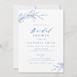 Blue simple elegant botanical rustic bridal shower invitation