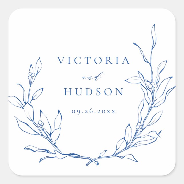 Blue simple elegant botanical wreath wedding square sticker (Front)