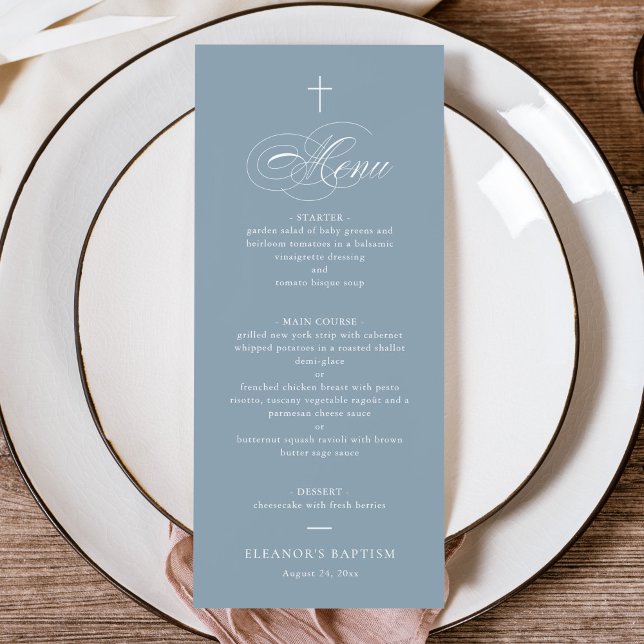 Blue Simple Elegant Cross Calligraphy Baptism Menu (Creator Uploaded)