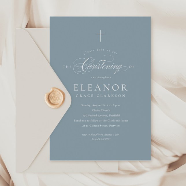 Blue Simple Elegant Cross Calligraphy Christening Invitation (Creator Uploaded)