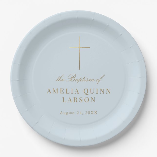 Blue Simple Elegant Gold Cross Baptism Christening Paper Plate (Front)