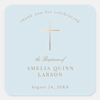 Blue Simple Elegant Gold Cross Baptism Christening Square Sticker