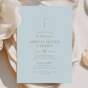 Blue Simple Elegant Gold Cross Christening Invitation