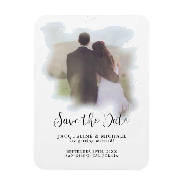 Blue Simple Elegant Modern Script Watercolor Photo Magnet (Vertical)