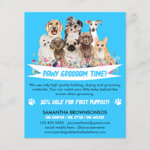 Blue Simple Floral Illustrated Dog groomer Flyer
