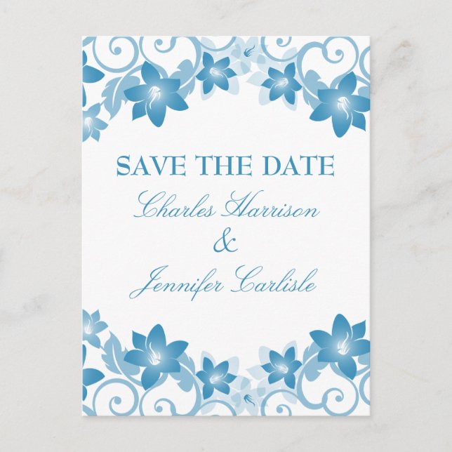 Blue Simple Floral Save the Date Postcard (Front)