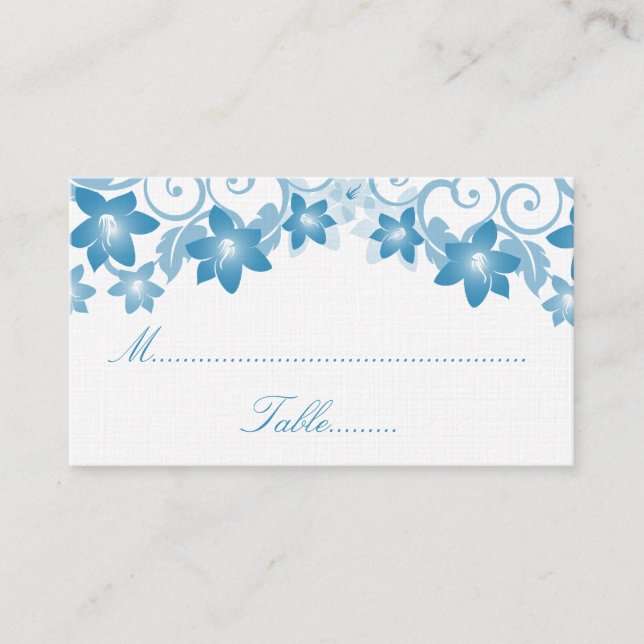 Blue Simple Floral Wedding Place Card (Front)