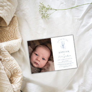 Blue Simple Flower Cross Boy Photo Baptism  Invitation