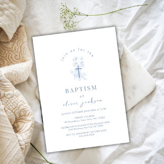 Blue Simple Flower Cross Christening Boy Baptism Invitation