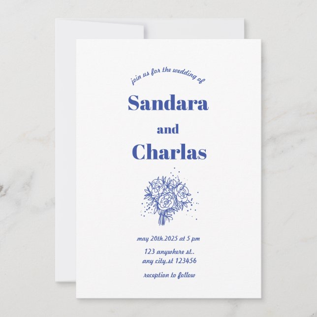 blue simple Handwritten Whimsical wedding Invitation (Front)
