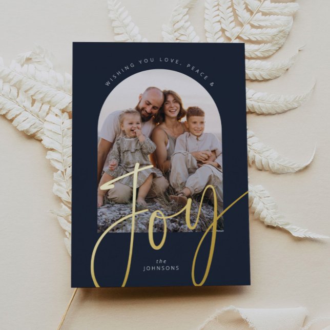 Blue Simple Joy Modern Script Arch Photo Christmas Foil Holiday Card (Creator Uploaded)