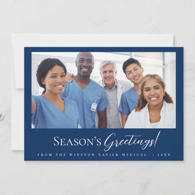 Blue Simple Medical Staff Photo Season's greeting Holiday Card (Front)