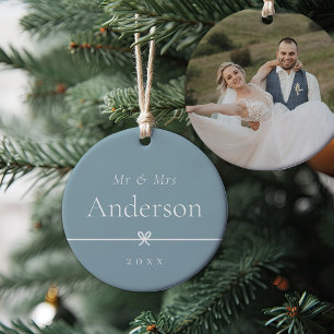 Blue   Simple Minimal Bow Wedding Photo Ceramic Ornament