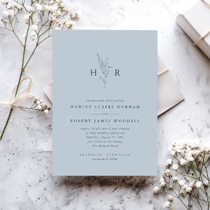 Blue Simple Minimal Monogram Botanical Wedding Invitation