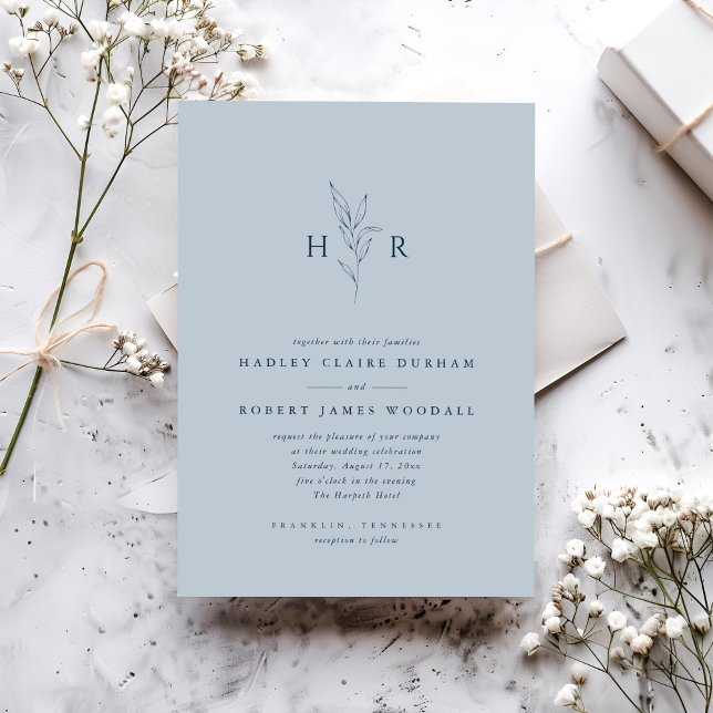 Blue Simple Minimal Monogram Botanical Wedding Invitation (Creator Uploaded)