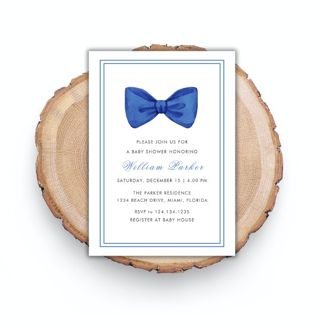 Blue Simple Minimalist Bow Boy Baby Shower  Invitation (Blue Simple Minimalist Bow Boy Baby Shower Invitation)