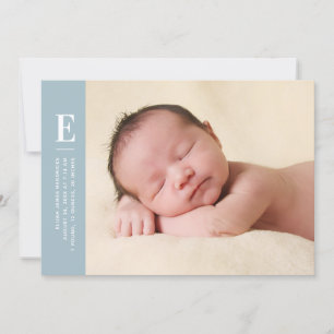Blue Simple Monogram New Baby Photo Birth Announcement
