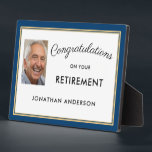 Blue Simple Retirement Party Photo Banner Plaque<br><div class="desc">This retirement party table top plaque features a simple professional layout with a dark blue and gold border. Say congratulations with this simple and easy to read sign. Personalise with a photo of the honoree.</div>
