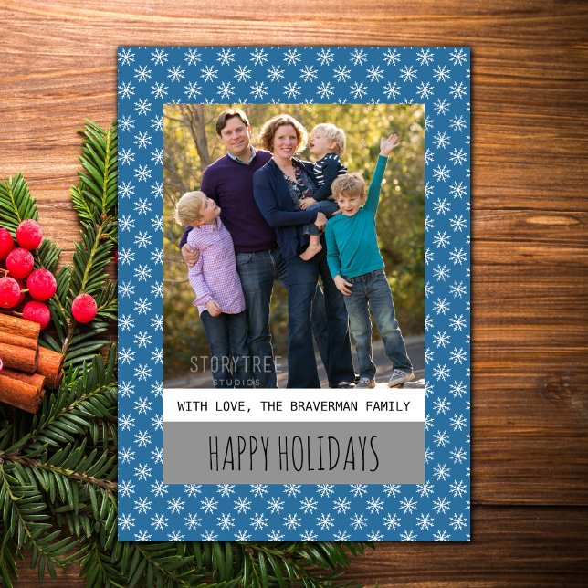 Blue Simple Snowflake Holiday Photo Flat Card (Blue Simple Snowflake Holiday Photo Card)