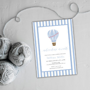 Blue Simple Stripe Hot Air Balloon Baby Shower Invitation